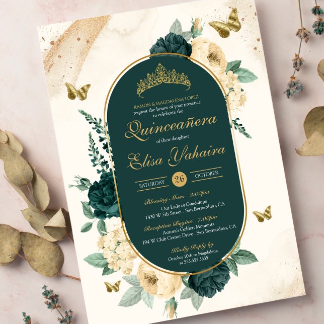 Invitación Flor de mariposa de oro verde esmeralda Quinceañer (Subido por el creador)