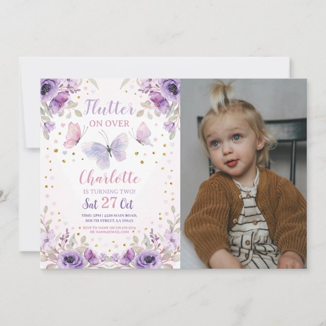 Invitación Flor de mariposa flor Flutter Fiesta de cumpleaños (Anverso)