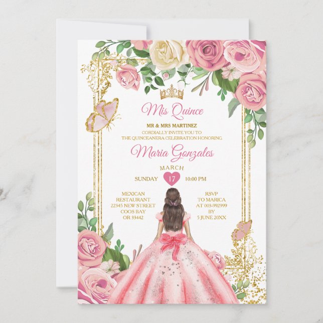 Invitación Flor de mariposa Quinceañera Princesa Rosa de Rubo (Anverso)