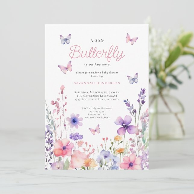 Invitación Flor de mariposa rosa silvestre Baby Shower (Anverso de pie)