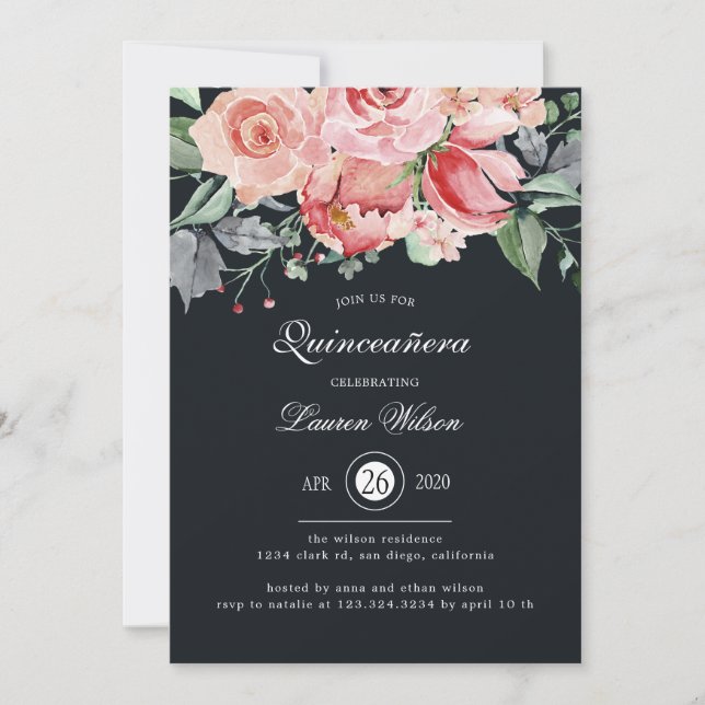 Invitación Flor de media noche floral Quinceanera (Anverso)