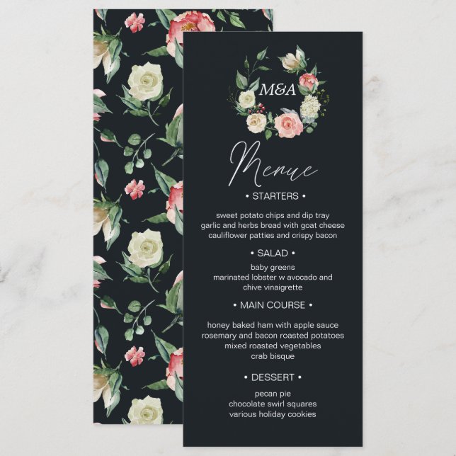 Invitación flor de medianoche Boda floral ruidoso Menú de cen (Anverso / Reverso)