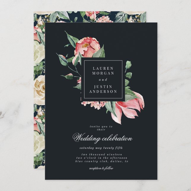 Invitación flor de medianoche elegante floral wreath (Anverso / Reverso)