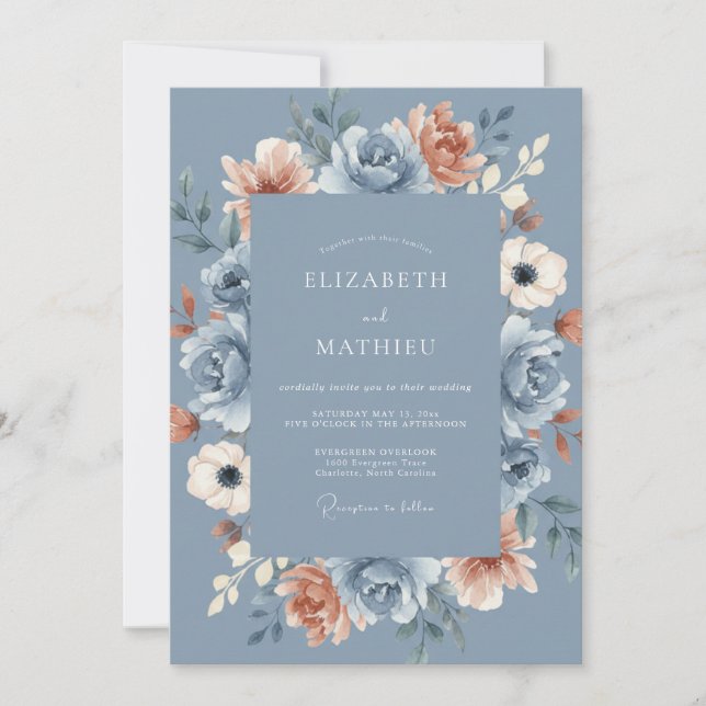 Invitación Flor de melocotón azul florece boda (Anverso)