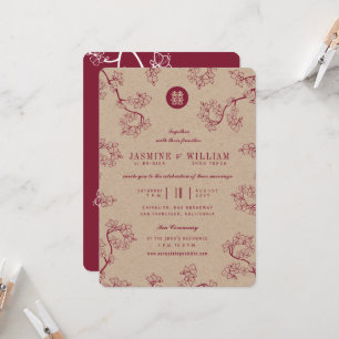 Invitación Flor de melocotón/ciruelo Kraft Boda china