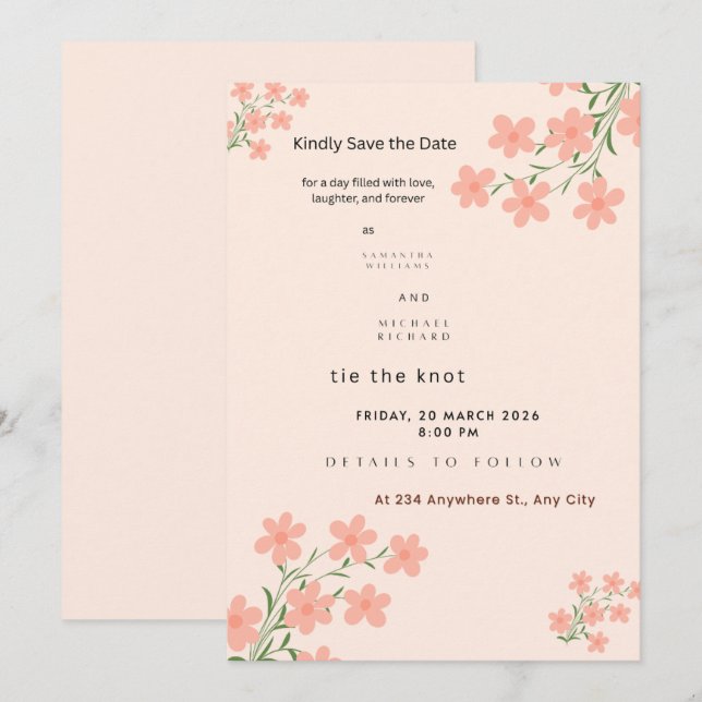 Invitación Flor de Melocotón Dulce - Ahorra la Fecha Minimali (Anverso / Reverso)