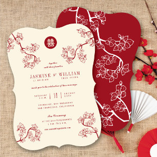 Invitación Flor de melocotón/rojo ciruela Doble Felicidad Bod