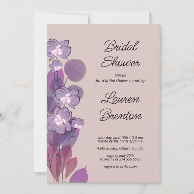Invitación Flor de morado mauve floral Bridal Shower (Anverso)