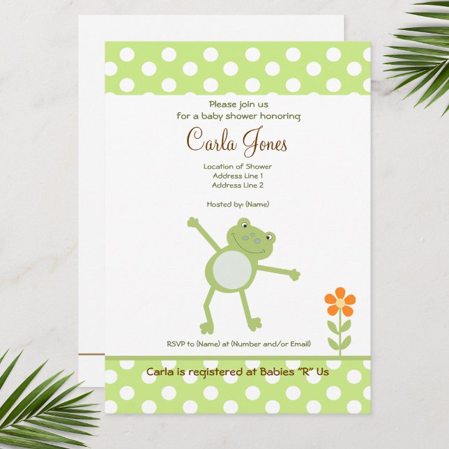 Invitación Flor de Naranja de Punto Verde de Baby Shower con  (Leap Frog Baby Shower Invitations)