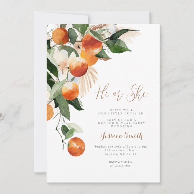 Invitación Flor de naranja Revelación de Género de Verdor (Anverso)