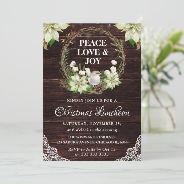 Invitación Flor de Nochebuena Blanca Rústica y Navidad de Rob (Anverso de pie)