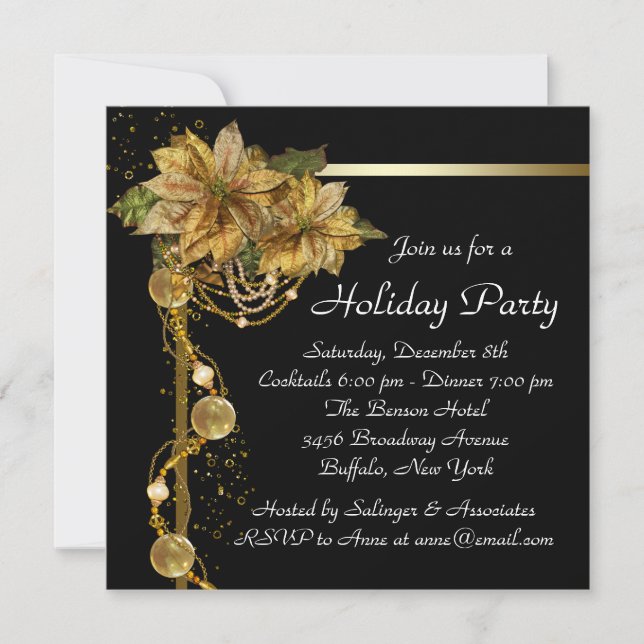 Invitación Flor de Nochebuena Dorada Fiesta de Navidad Black  (Anverso)