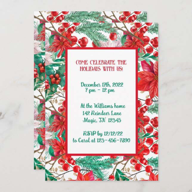 Invitación Flor de Nochebuena, ramas de pino y bayas rojas (Anverso / Reverso)