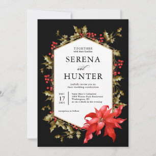 Invitación Flor de Nochebuena Roja y Acebo Boda de Invierno