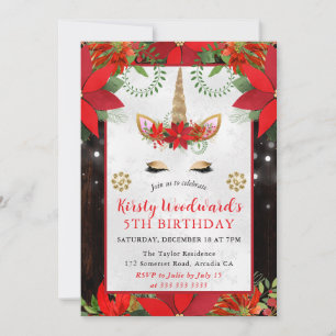 Invitación Flor de Nochebuena Unicornio de Navidad Cumpleaños
