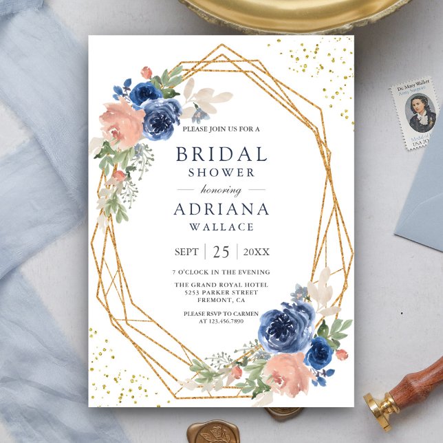 Invitación Flor de novia geométrica azul Rubor rosa Roses azu (Subido por el creador)