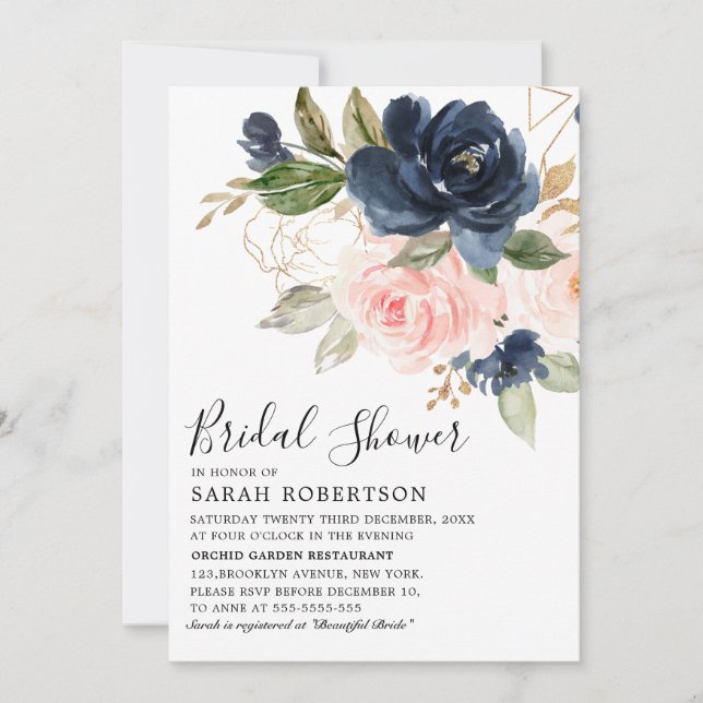 Invitación Flor de novia geométrica rosa rosa azul de la Mari (Anverso)