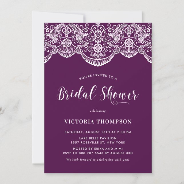 Invitación Flor de novia morada de encaje blanco (Anverso)