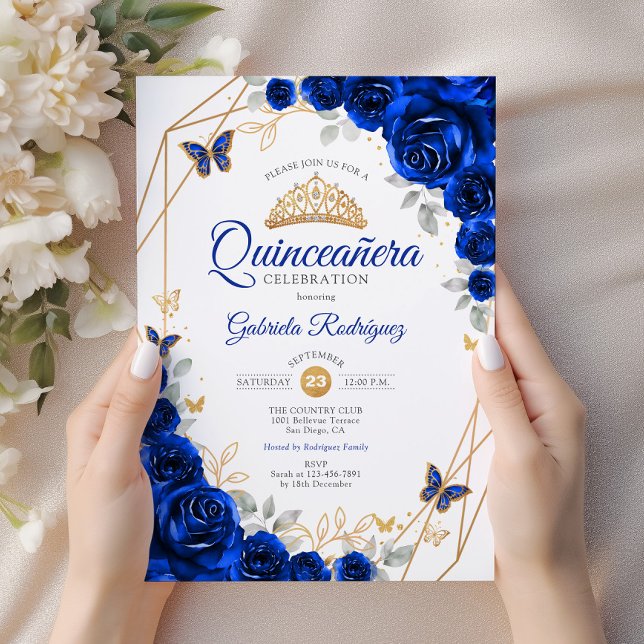 Invitación Flor de oro azul Quinceanera (Subido por el creador)