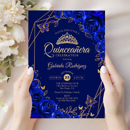 Invitación Flor de oro azul Quinceanera