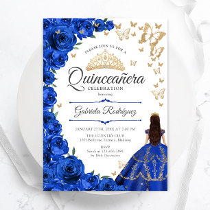 Invitación Flor de oro azul real Quinceanera