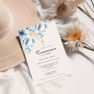 Invitación Flor de oro azul turquesa primera comunión sagrada