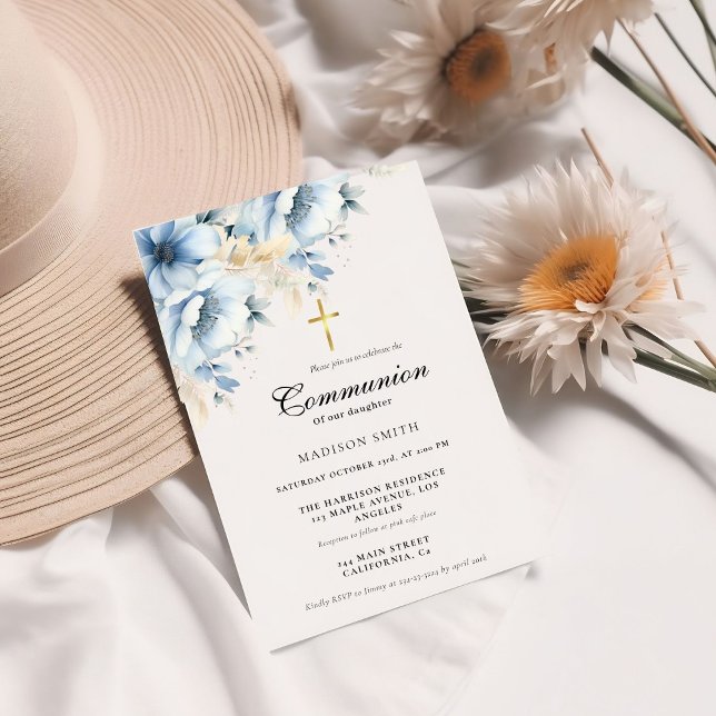 Invitación Flor de oro azul turquesa primera comunión sagrada (Subido por el creador)