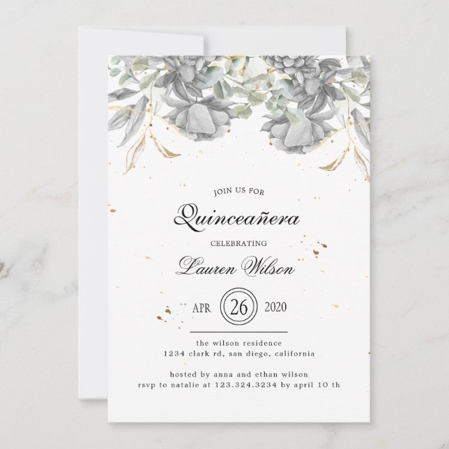 Invitación flor de oro plateado dramático Quinceanera (Anverso)