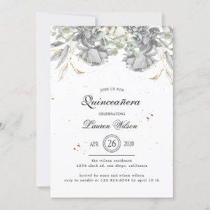 Invitación flor de oro plateado dramático Quinceanera