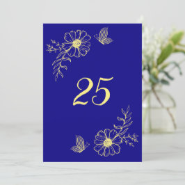 Invitación Flor de oro romántica número de tabla azul real