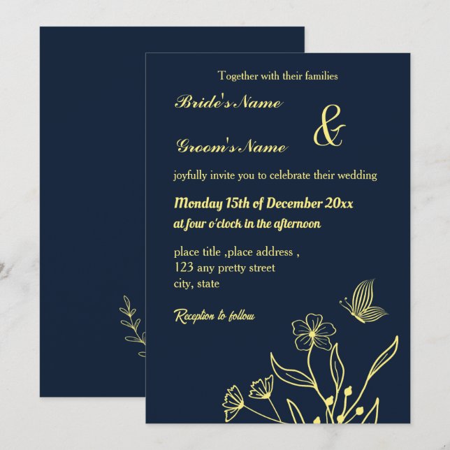 Invitación Flor de oro romántica y elegante y marina mariposa (Anverso / Reverso)