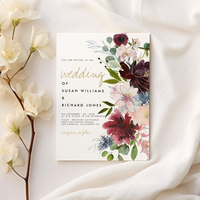 Invitación Flor de oro rosa de Borgoña ramo boda blanco (Burgundy pink gold flower bouquet white wedding)