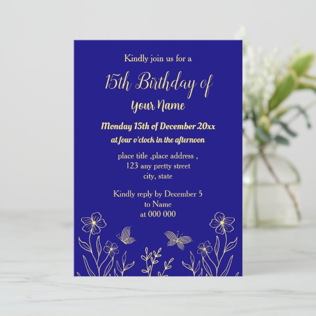 Invitación Flor de oro simple cumpleaños azul real (Anverso de pie)
