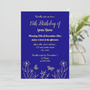 Invitación Flor de oro simple cumpleaños azul real
