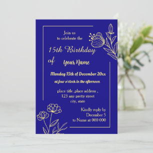 Invitación Flor de oro simple cumpleaños azul real