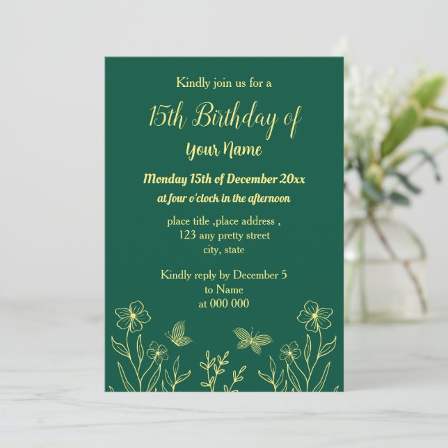 Invitación Flor de oro simple cumpleaños verde esmeralda (Anverso de pie)