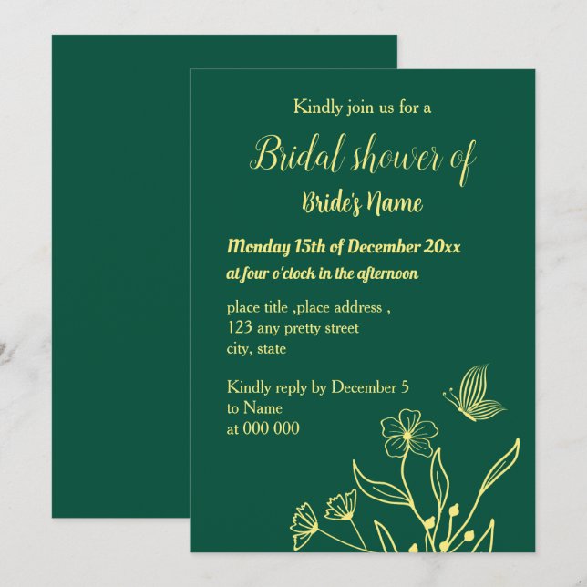 Invitación Flor de oro simple ducha de novia verde esmeralda (Anverso / Reverso)
