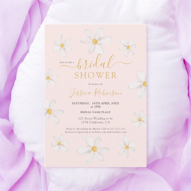Invitación Flor de oro suave margarita acuarela ducha de novi (Cute gold flower daisy watercolor bridal shower invitation)