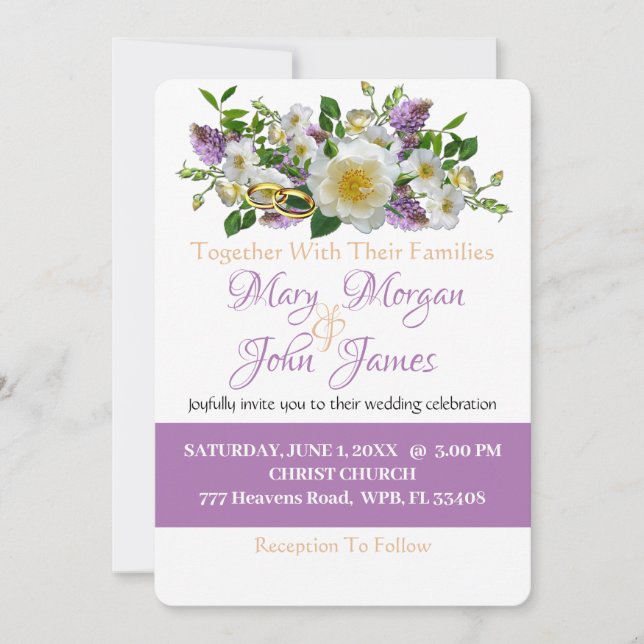 Invitación Flor de oro y flores blancas con anillos (Anverso)