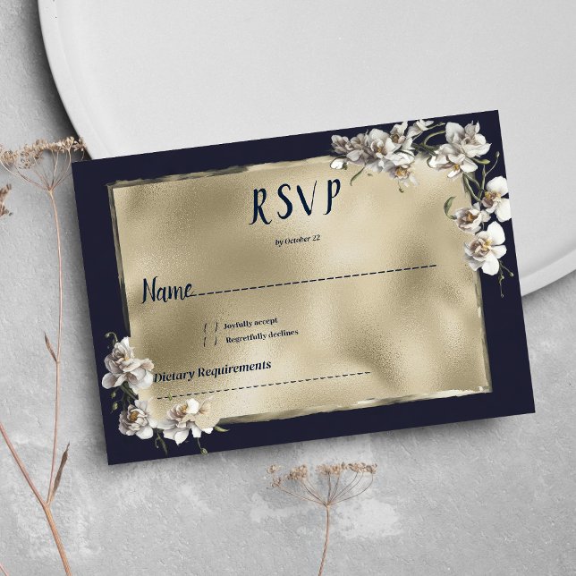Invitación Flor de orquídea blanca dorada azul marino Glam RS (Glam navy blue gold white orchid flower RSVP)