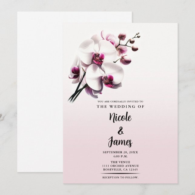 Invitación Flor de Orquídea Rosa y Blanca para Boda (Anverso / Reverso)