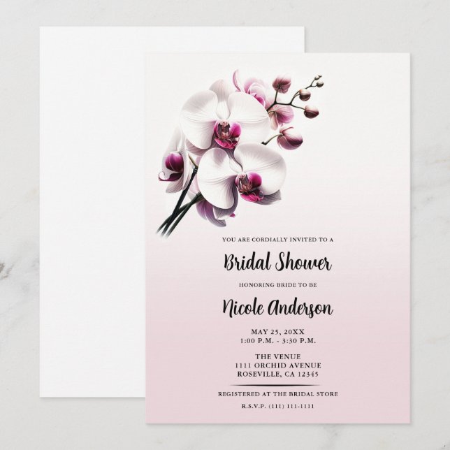Invitación Flor de orquídea rosa y ducha de novia blanca (Anverso / Reverso)