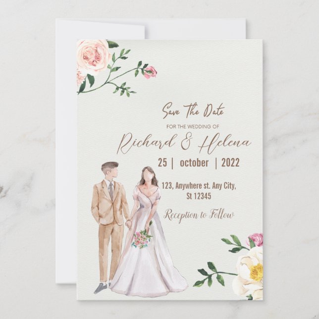 Invitación flor de otoño acuática y palmera Boda floral (Anverso)