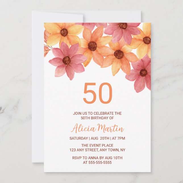 Invitación Flor de otoño Cualquier Naranja de edad Borgoña Cu (Anverso)
