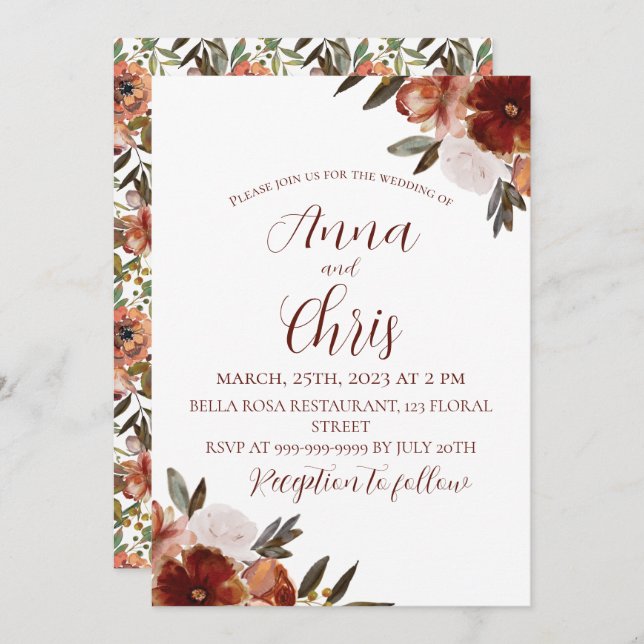 INVITACIÓN FLOR DE OTOÑO EN ACUARELA PARA BODA  (Anverso / Reverso)