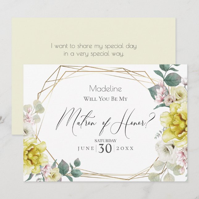 Invitación Flor de peón amarillo será mi atrón de honor (Anverso / Reverso)
