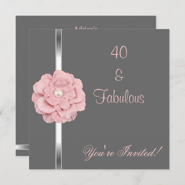 Invitación Flor de Perla Blanca Rosa Gris Fabuloso 40.º Fiest (Anverso / Reverso)