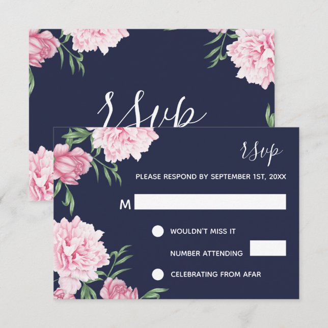 Invitación Flor de Pink y Fondo Navy | RSVP (Anverso / Reverso)