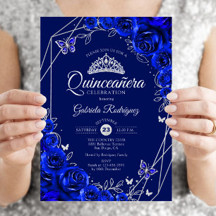 Invitación Flor de plata azul real Quinceanera