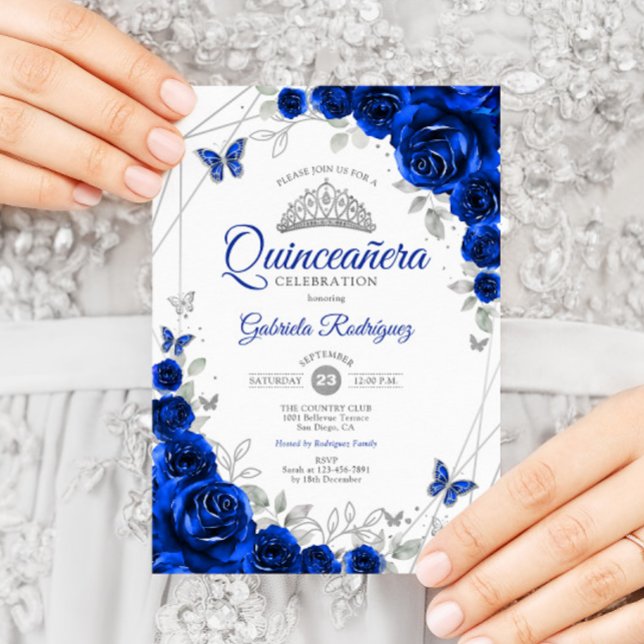 Invitación Flor de plata azul real Quinceanera (Subido por el creador)